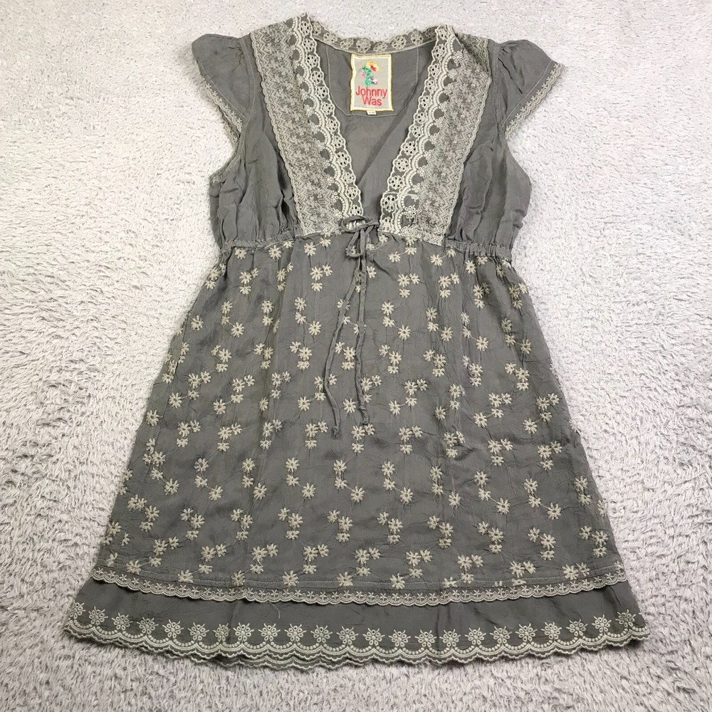 Johnny Was Tunic Blouse Womens XS Gray Cupra Rayon Floral Embroidery Lace V Neck